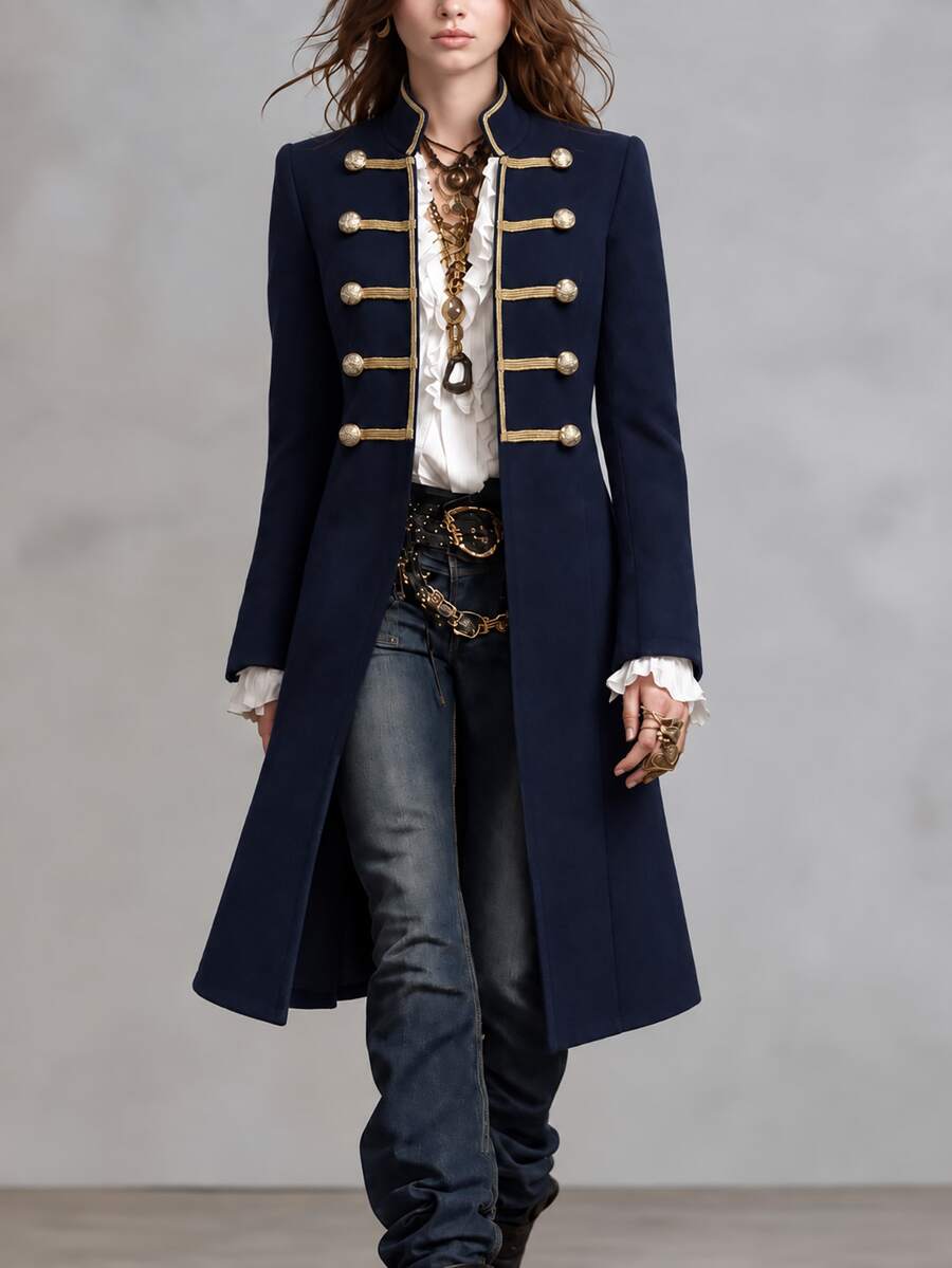 Balvessa Solid Color Stand Collar Gold Ribbon Trim Metal Buckle Casual Versatile Autumn/Winter Women's Overcoat - Navy Blue - View 1