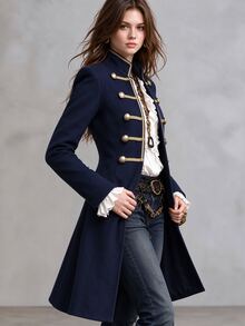 Balvessa Solid Color Stand Collar Gold Ribbon Trim Metal Buckle Casual Versatile Autumn/Winter Women's Overcoat - Navy Blue - View 4
