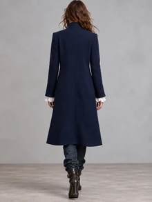 Balvessa Solid Color Stand Collar Gold Ribbon Trim Metal Buckle Casual Versatile Autumn/Winter Women's Overcoat - Navy Blue - View 2