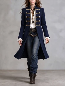 Balvessa Solid Color Stand Collar Gold Ribbon Trim Metal Buckle Casual Versatile Autumn/Winter Women's Overcoat - Navy Blue - View 3