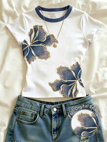 IslaSuriya Women's White And Blue Floral Fitted Cropped T-Shirt Brunch Tea Party Summer Casual Elegant - Multicolor - View 1