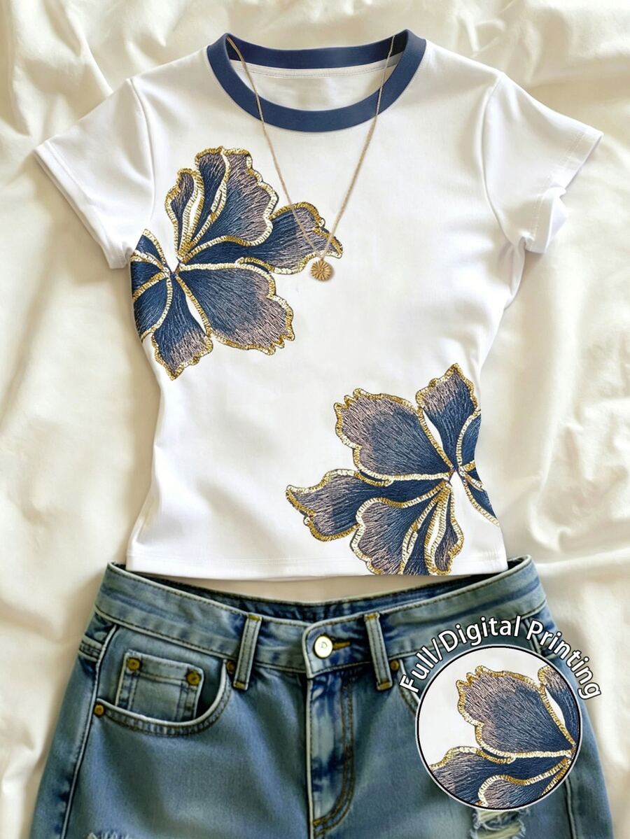 IslaSuriya Women's White And Blue Floral Fitted Cropped T-Shirt Brunch Tea Party Summer Casual Elegant - Multicolor - View 1