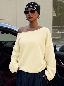 SHEIN EZwear 淺杏色女款露肩寬鬆休閒長袖衛衣 34%棉 - 杏色 - 查看 6