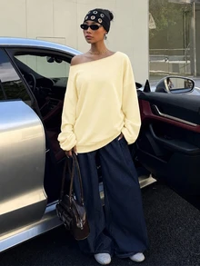 SHEIN EZwear 淺杏色女款露肩寬鬆休閒長袖衛衣 34%棉 - 杏色 - 查看 7
