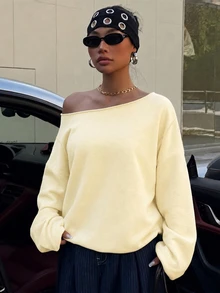 SHEIN EZwear 淺杏色女款露肩寬鬆休閒長袖衛衣 34%棉 - 杏色 - 查看 4