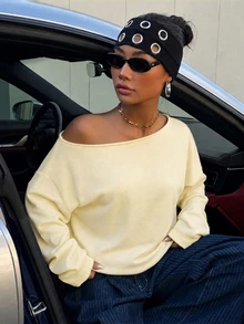 SHEIN EZwear 淺杏色女款露肩寬鬆休閒長袖衛衣 34%棉 - 杏色 - 查看 8