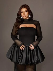 Viva Relle Plus Size French Style Mesh Patchwork Minimalist Sexy Bandeau Dress And Cropped Long Sleeve Top Set Fall - Black - View 3