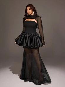 Viva Relle Plus Size French Style Mesh Patchwork Minimalist Sexy Bandeau Dress And Cropped Long Sleeve Top Set Fall - Black - View 5