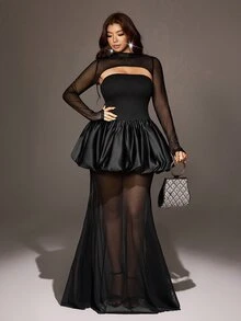 Viva Relle Plus Size French Style Mesh Patchwork Minimalist Sexy Bandeau Dress And Cropped Long Sleeve Top Set Fall - Black - View 4