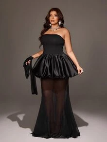 Viva Relle Plus Size French Style Mesh Patchwork Minimalist Sexy Bandeau Dress And Cropped Long Sleeve Top Set Fall - Black - View 6
