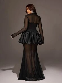 Viva Relle Plus Size French Style Mesh Patchwork Minimalist Sexy Bandeau Dress And Cropped Long Sleeve Top Set Fall - Black - View 2