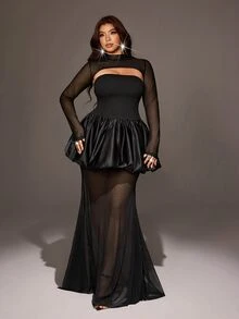 Viva Relle Plus Size French Style Mesh Patchwork Minimalist Sexy Bandeau Dress And Cropped Long Sleeve Top Set Fall - Black - View 1