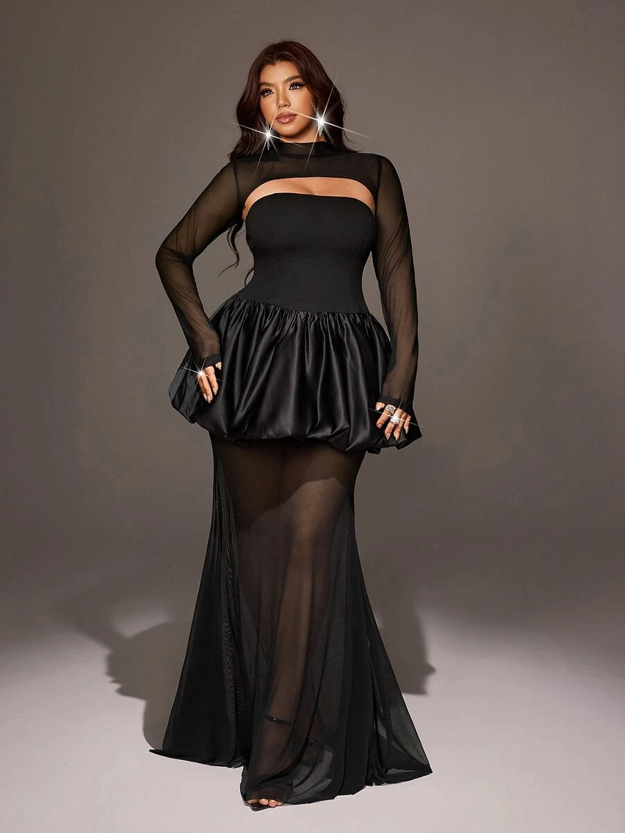 Viva Relle Plus Size French Style Mesh Patchwork Minimalist Sexy Bandeau Dress And Cropped Long Sleeve Top Set Fall - Black - View 1