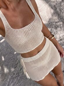 SHEIN Swim 杏色鏤空設計背心搭配腰部流蘇抽繩綁帶設計裙，女款優雅度假沙灘兩件式罩衫套裝 - 杏色 - 查看 1