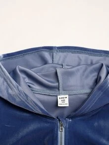 SHEIN 大童女孩大尺碼亮鑽背後連帽天鵝絨運動衫喇叭褲套裝 秋冬兒童款 - 藍色 - 查看 6