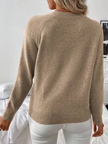 SHEIN LUNE Casual Round Neck Button-Up Knit Sweater For Women, Versatile Autumn/Winter - Khaki - View 2