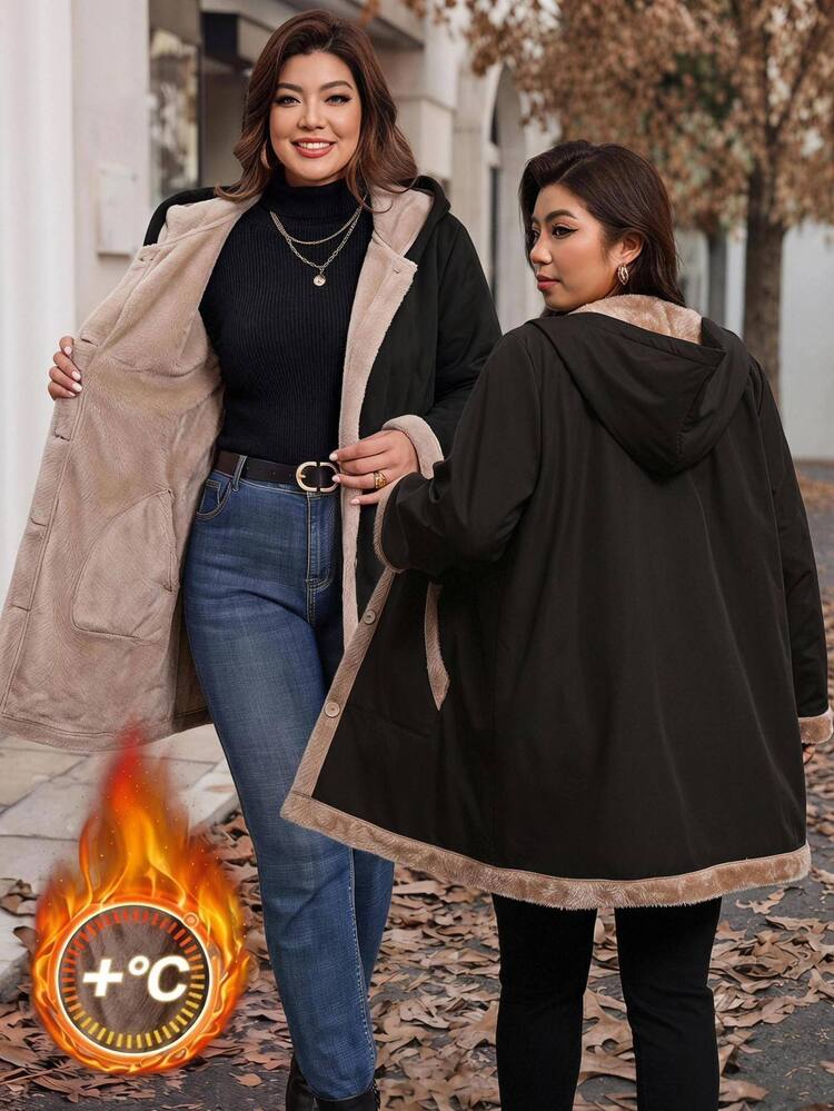 SHEIN Clasi Plus Size Long Thermal Lined Hooded Jacket - Black - View 1