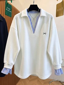 Franclia 大尺碼蝴蝶結印花休閒寬鬆套頭運動衫 秋冬款 - 白色 - 查看 8