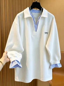 Franclia 大尺碼蝴蝶結印花休閒寬鬆套頭運動衫 秋冬款 - 白色 - 查看 4
