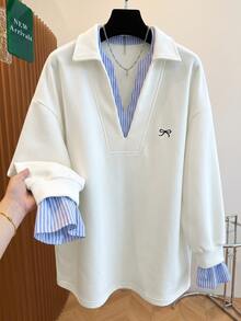 Franclia 大尺碼蝴蝶結印花休閒寬鬆套頭運動衫 秋冬款 - 白色 - 查看 7