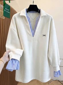 Franclia 大尺碼蝴蝶結印花休閒寬鬆套頭運動衫 秋冬款 - 白色 - 查看 3