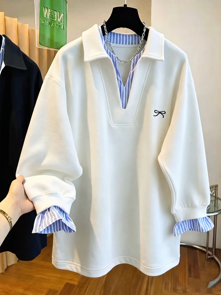 Franclia 大尺碼蝴蝶結印花休閒寬鬆套頭運動衫 秋冬款 - 白色 - 查看 1