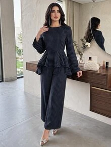 Feyla Women's Striped Ruffle Hem Long Sleeve Shirt And Casual Pants 2 Pieces Set - Navy Blue - View 1