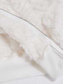 SHEIN MOD Women's  Fluffy Trim Hooded Jacket,Casual White Plain Zipper Fleece Hoodie,Autumn Outfits For Women ,Back To School ,Cute Tops,Zip Up Hoodies - White - View 5