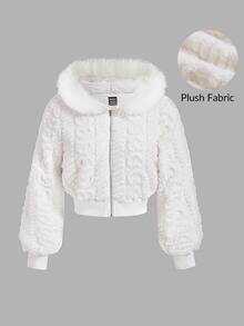 SHEIN MOD Women's  Fluffy Trim Hooded Jacket,Casual White Plain Zipper Fleece Hoodie,Autumn Outfits For Women ,Back To School ,Cute Tops,Zip Up Hoodies - White - View 1