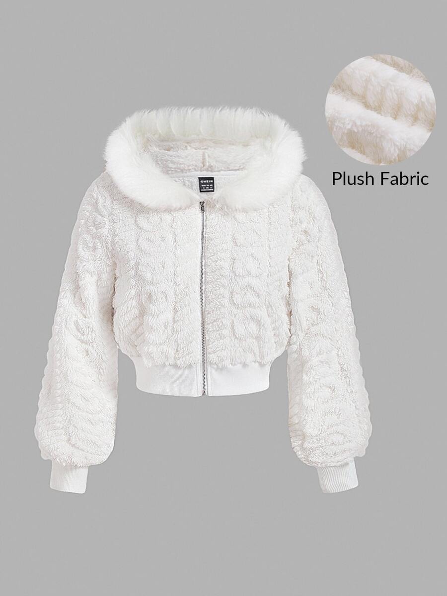 SHEIN MOD Women's Fluffy Trim Hooded Jacket,Casual White Plain Zipper Fleece Hoodie,Autumn Outfits For Women ,Back To School ,Cute Tops,Zip Up Hoodies - White - View 1