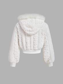 SHEIN MOD Women's  Fluffy Trim Hooded Jacket,Casual White Plain Zipper Fleece Hoodie,Autumn Outfits For Women ,Back To School ,Cute Tops,Zip Up Hoodies - White - View 3