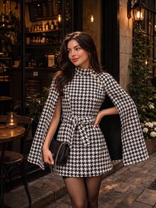 SHEIN MOD Women Autumn Coats For Houndstooth Print Cloak Sleeve Overcoat,Business Mature Elegant,Hippie,Flared Teachers' Day Office Tea Party Black And White - Black and White - View 7