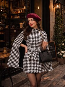 SHEIN MOD Women Autumn Coats For Houndstooth Print Cloak Sleeve Overcoat,Business Mature Elegant,Hippie,Flared Teachers' Day Office Tea Party Black And White - Black and White - View 5