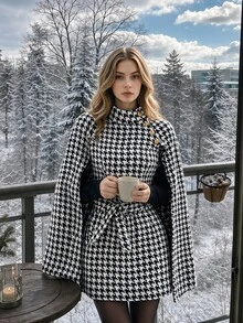 SHEIN MOD Women Autumn Coats For Houndstooth Print Cloak Sleeve Overcoat,Business Mature Elegant,Hippie,Flared Teachers' Day Office Tea Party Black And White - Black and White - View 9