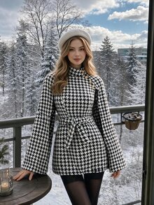 SHEIN MOD Women Autumn Coats For Houndstooth Print Cloak Sleeve Overcoat,Business Mature Elegant,Hippie,Flared Teachers' Day Office Tea Party Black And White - Black and White - View 8