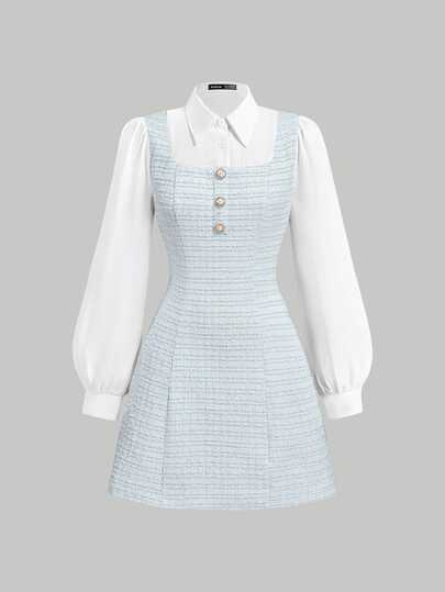 SHEIN MOD Women's Lapel Long Sleeve Button Front Patchwork Casual Mini Dress,White Graduation Dress