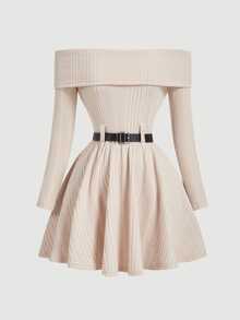 SHEIN MOD Off Shoulder Long Sleeve Cinched Waist Waist Flared Dress - Apricot - View 1