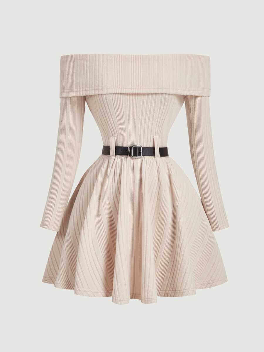 SHEIN MOD Off Shoulder Long Sleeve Cinched Waist Waist Flared Dress - Apricot - View 1