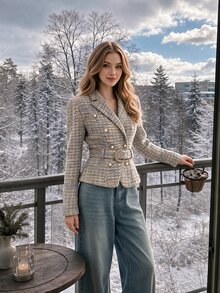 SHEIN MOD جاكيت نسائية أنيقة بياقة مسطحة مزدوجة الصدر، جاكيت خريفي وشتوي، معطف عتيق - متعدد الألوان - مشاهدة 5