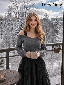 SHEIN MOD Women's Black Lace 2 In 1 Grey Sweater In Fall/Winter - Dark Grey - View 8