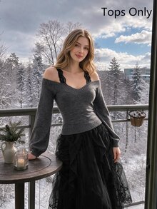 SHEIN MOD Women's Black Lace 2 In 1 Grey Sweater In Fall/Winter - Dark Grey - View 7