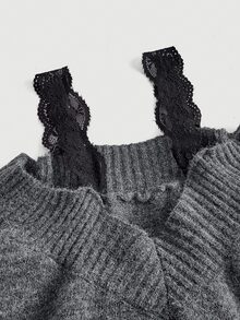 SHEIN MOD Women's Black Lace 2 In 1 Grey Sweater In Fall/Winter - Dark Grey - View 5