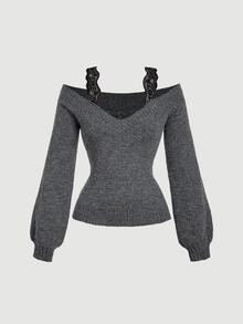 SHEIN MOD Women's Black Lace 2 In 1 Grey Sweater In Fall/Winter - Dark Grey - View 6