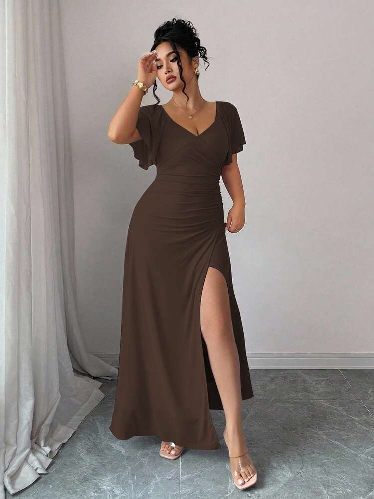 Elenzga Women's Chocolate Brown V-Neck Ruffle Sleeve Cinched Waist Pleated Slit Long Dress, Elegant Wedding Formal Evening Bridesmaid Party Gown Summer - Brown - View 7