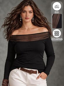 Linhara CURVE Plus Size Youthful Pure Desire Off-Shoulder Mesh Patchwork Cold Shoulder Long Sleeve T-Shirt, Korean Style Sexy Hot Girl Inner Layer, Pullover Slim Fit Flattering Cold Shoulder Tee - Black - View 3