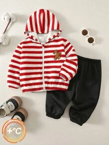 SHEIN 2件組男嬰卡通馬拼接連帽長袖外套與鬆緊腰長褲，秋冬返校服裝 - 紅色 - 查看 3