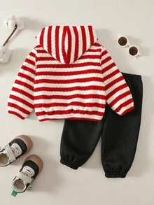 SHEIN 2件組男嬰卡通馬拼接連帽長袖外套與鬆緊腰長褲，秋冬返校服裝 - 紅色 - 查看 2