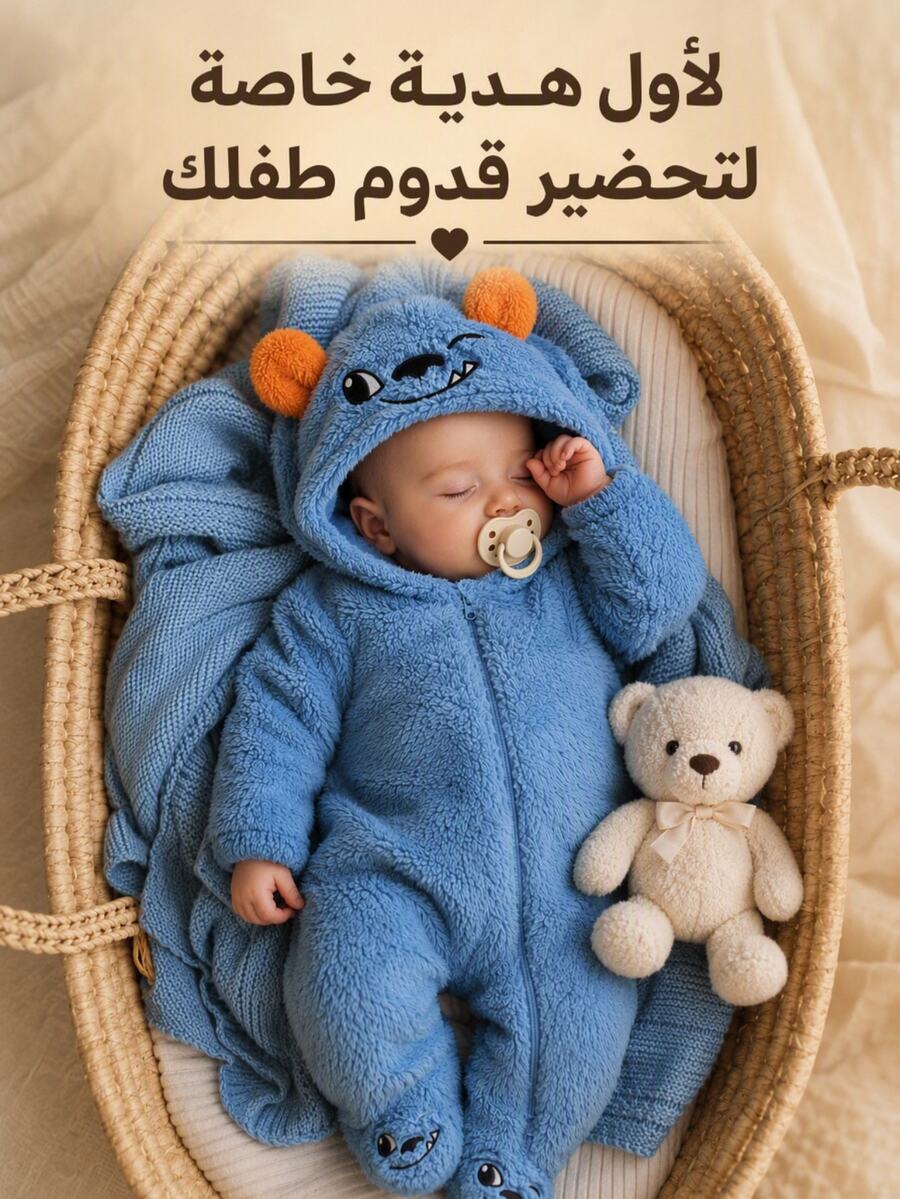 SHEIN Newborn Baby Hooded Jumpsuit, Cute Pink Bow Print Flannel, Comfortable Skin-Friendly Baby Crawler Autumn Winter - Baby Blue - View 1
