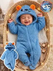 SHEIN Newborn Baby Hooded Jumpsuit, Cute Pink Bow Print Flannel, Comfortable Skin-Friendly Baby Crawler Autumn Winter - Baby Blue - View 3
