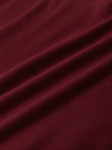 SHEIN 青少年女孩蕾絲飾邊拼接彈性修身羅紋長袖T恤，聖誕節萬聖節新年 - 酒紅色 - 查看 5